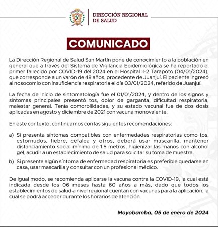 Comunicado de la Dirección regional de Salud 