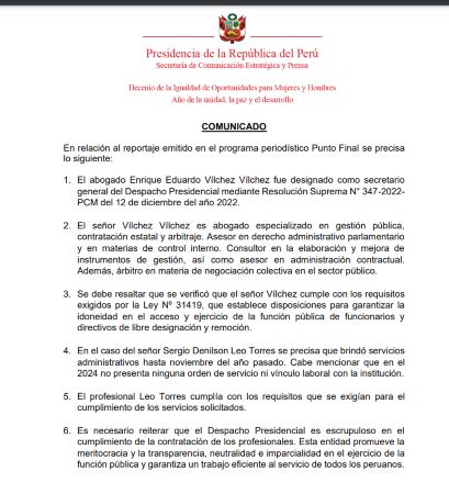 Comunicado  de la Presidencia de la República 