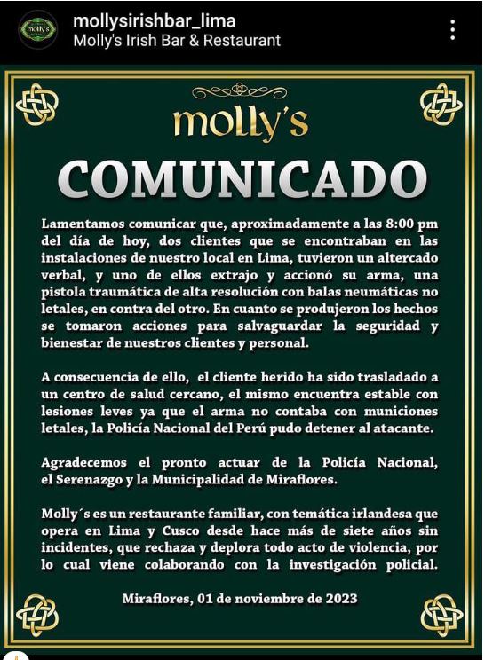 Bar Mollys se pronuncia  sobre balacera 