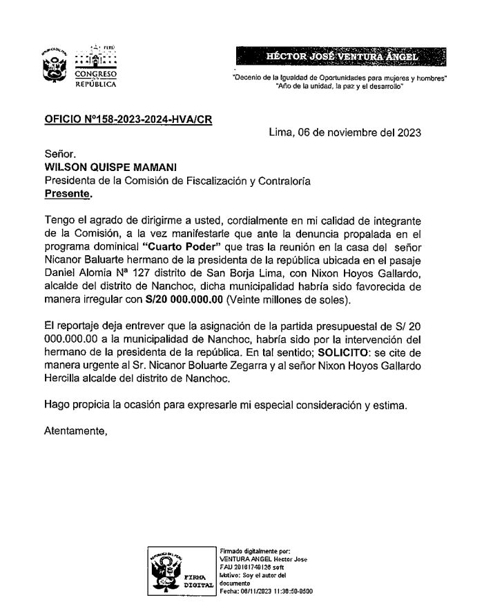 Congresista pide investigar  a  hermano de la presidenta Boluarte