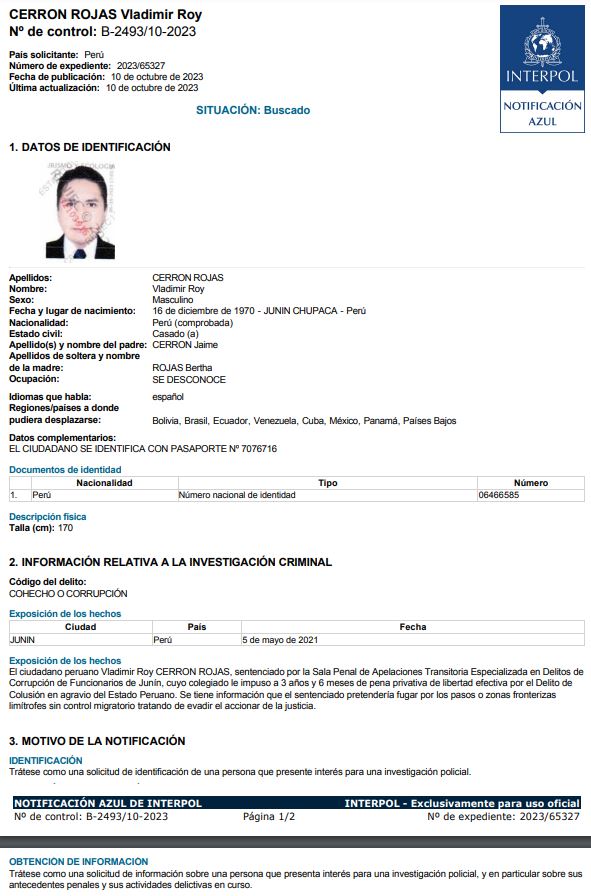 Ficha Interpol de Vladimir Cerrón