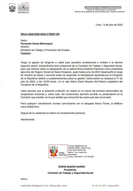 Congreso: Comisión de Trabajo cita al ministro Fernando Varela por designación de Rosa Gutiérrez en Essalud