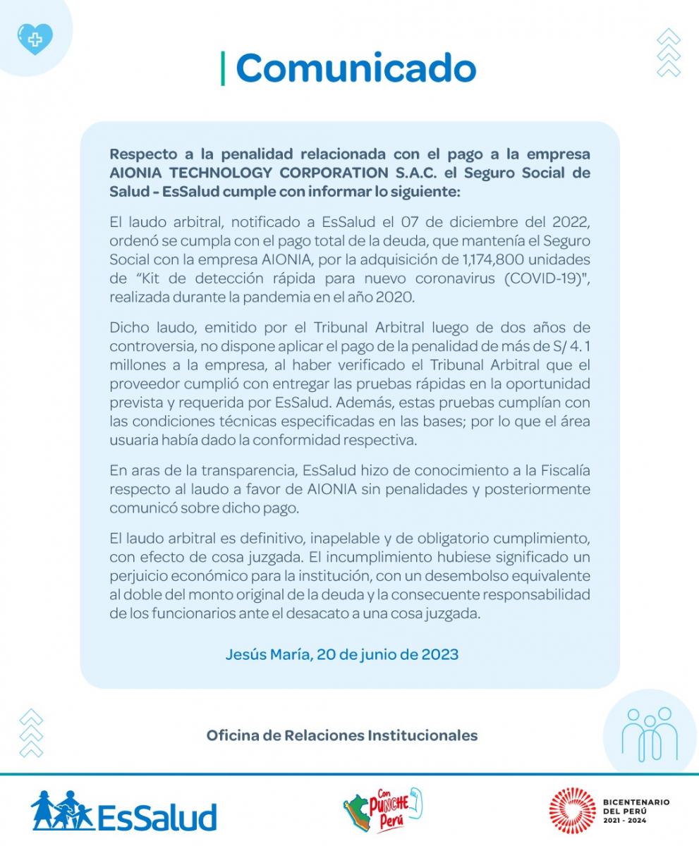 Presidente de Essalud sobre Aionia: “El pagó se tenía que hacer”