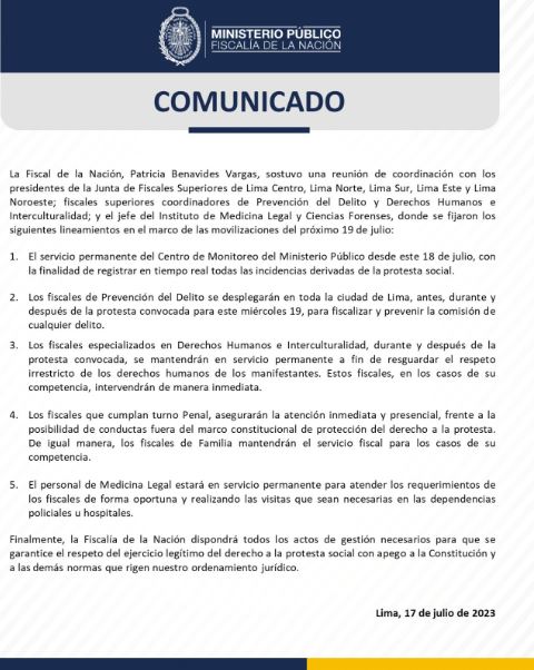 Ministerio Público desplegará fiscales en todo Lima durante manifestaciones 