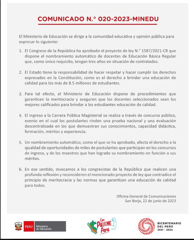 Minedu se pronuncia sobre aprobación del nombramiento automático de profesores 