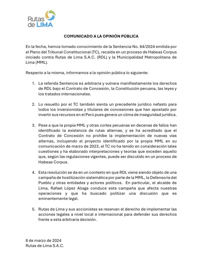 comunicado de rutas de lima